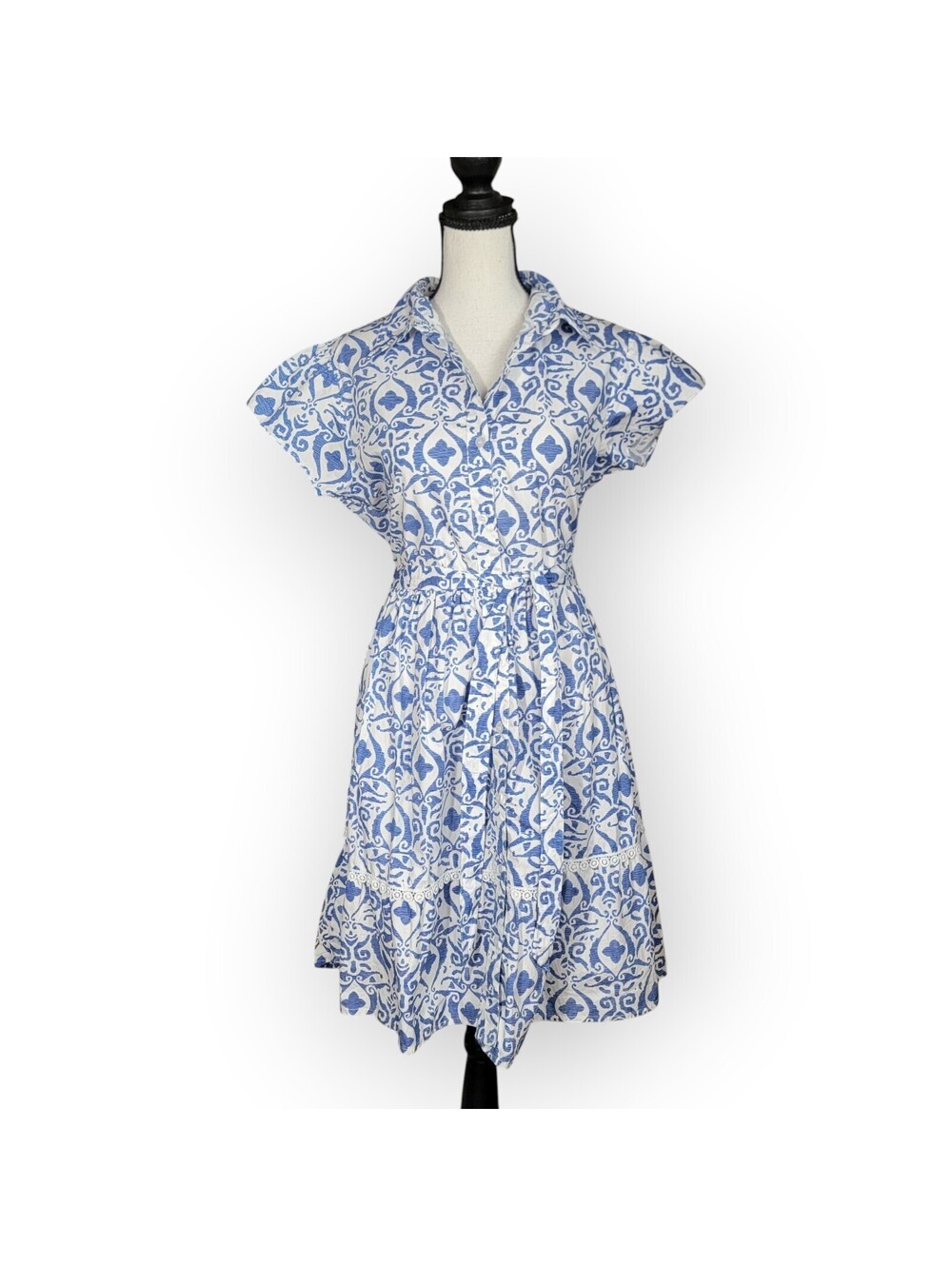 Lapogee NWT Midi Mediterranean M Dress Belted Cotton Blue White Boho Cottage